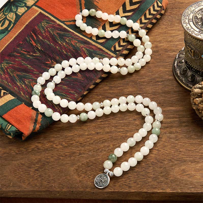 Pulsera de la suerte con 108 cuentas de mala de jade natural Tianshan y loto de Buddha Stones