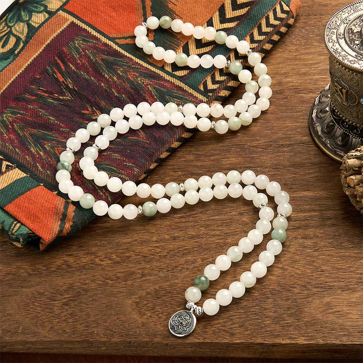 Pulsera de la suerte con 108 cuentas de mala de jade natural Tianshan y loto de Buddha Stones