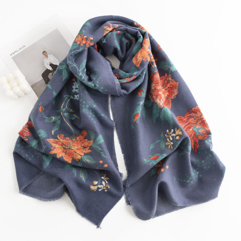 Chal con estampado de rosas multifloras tibetanas y Buddha Stones, bufanda cálida y acogedora para otoño e invierno - Azul acero 190*65cm - image 3