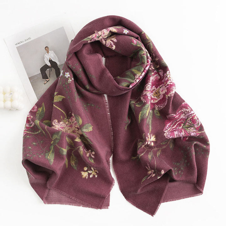 Chal con estampado de rosas multifloras tibetanas y Buddha Stones, bufanda cálida y acogedora para otoño e invierno - Violeta medio rojo 190*65cm - image 10