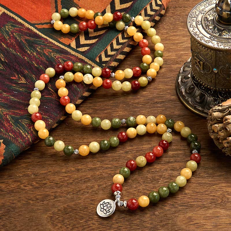 Pulsera de protección de loto con 108 cuentas de mala de piedra de color natural, topacio, jaspe rojo y jaspe verde, Buddha Stones - image 1