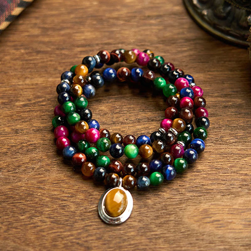 Pulsera de protección multivuelta con piedra de ojo de tigre de colores naturales y 108 cuentas de mala de Buddha Stones - Ojo de tigre colorido (circunferencia de la muñeca: 14-16 cm) - image 0
