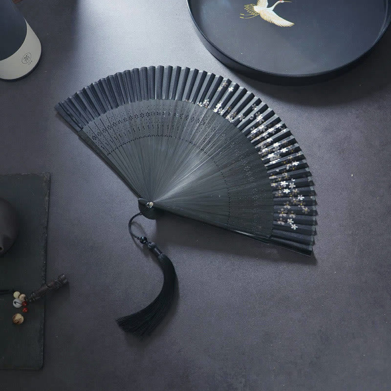 Abanico plegable de bambú con pintura en aerosol de tela de lino y algodón hecho a mano con diseño de Buddha Stones