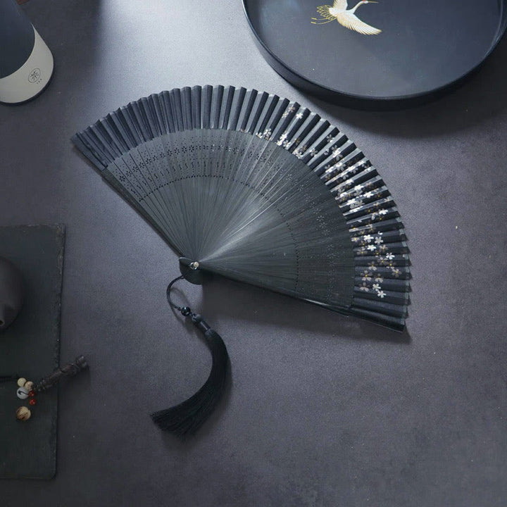 Abanico plegable de bambú con pintura en aerosol de tela de lino y algodón hecho a mano con diseño de Buddha Stones