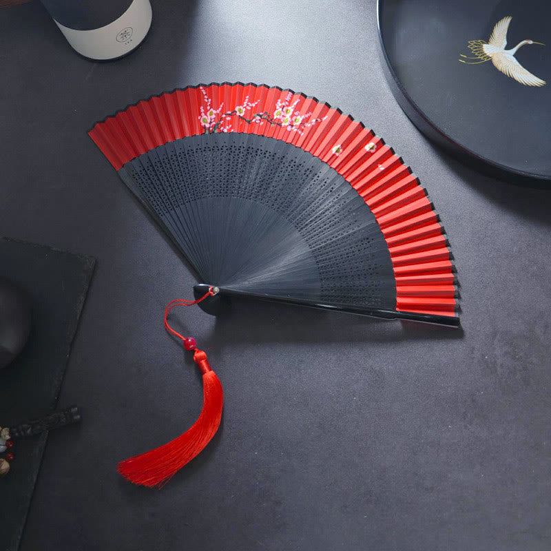 Abanico plegable de bambú con pintura en aerosol de tela de lino y algodón hecho a mano con diseño de Buddha Stones