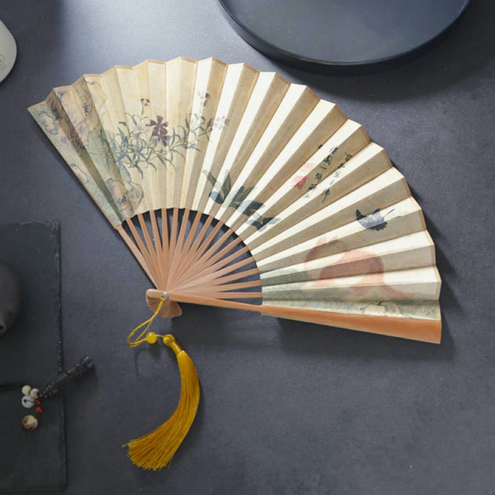 Abanico plegable de bambú con diseño de Buddha Stones , gato y flores, de tela de lino y algodón