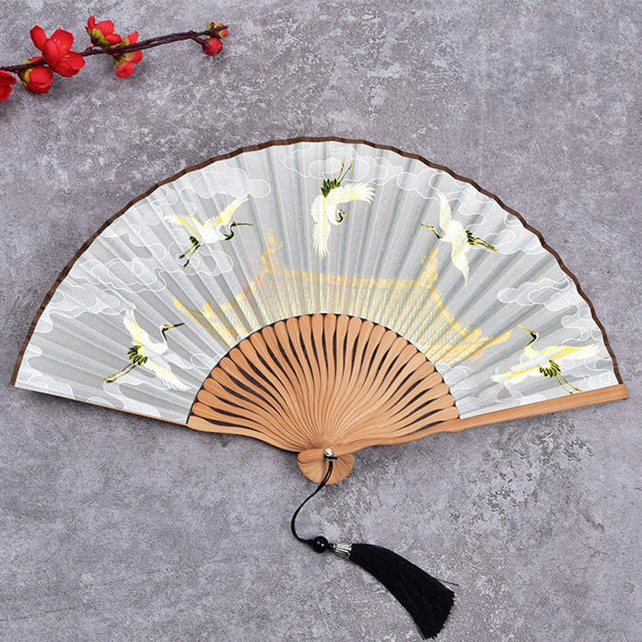 Ventilador plegable de bambú de mano con diseño de Buddha Stones, grullas y nubes auspiciosas, color sólido degradado. - Grulla Nube Blanca 21cm - image 8
