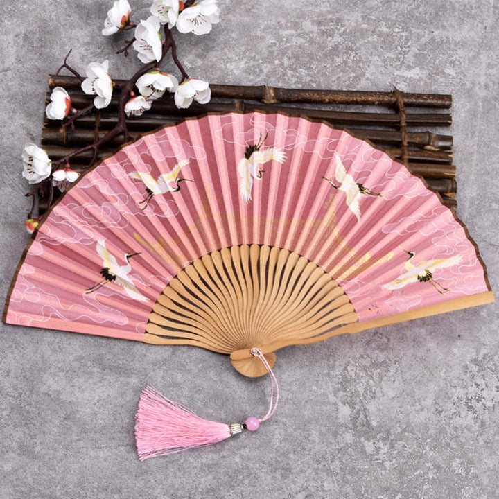 Ventilador plegable de bambú de mano con diseño de Buddha Stones, grullas y nubes auspiciosas, color sólido degradado. - Grulla Nube Rosa 21cm - image 6