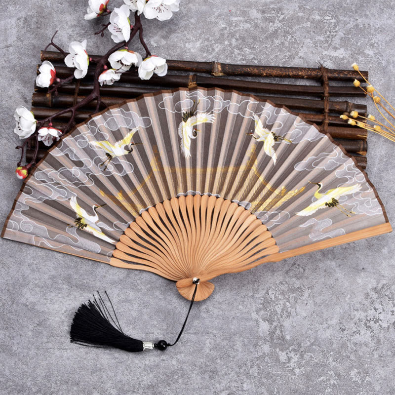 Ventilador plegable de bambú de mano con diseño de Buddha Stones, grullas y nubes auspiciosas, color sólido degradado. - Grulla Nube Caqui 21cm - image 7