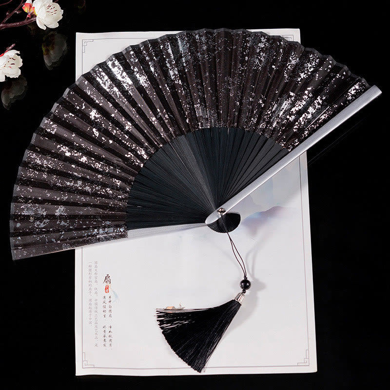 Ventilador plegable de bambú de mano con diseño de Buddha Stones, grullas y nubes auspiciosas, color sólido degradado. - Negro Plata 22cm - image 15