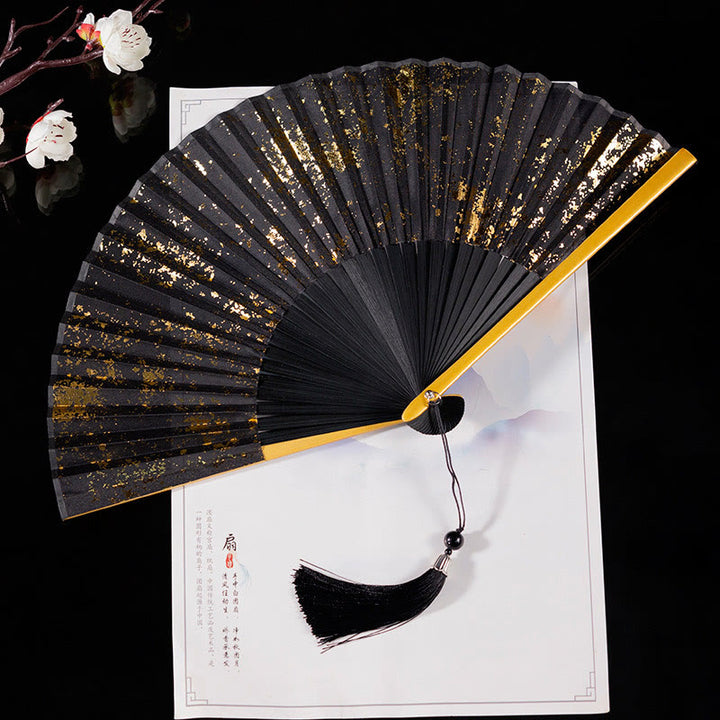 Ventilador plegable de bambú de mano con diseño de Buddha Stones, grullas y nubes auspiciosas, color sólido degradado. - Oro negro 22 cm - image 14