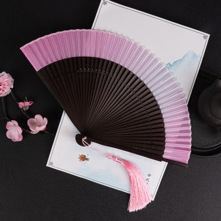 Ventilador plegable de bambú de mano con diseño de Buddha Stones, grullas y nubes auspiciosas, color sólido degradado. - Degradado rosa 21cm - image 21
