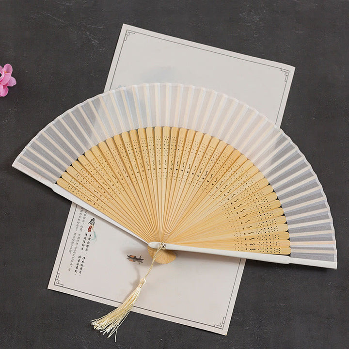 Ventilador plegable de bambú de mano con diseño de Buddha Stones, grullas y nubes auspiciosas, color sólido degradado. - Hueco blanco de 21 cm - image 31