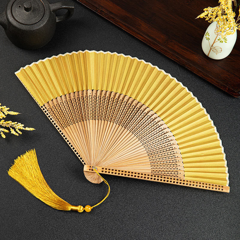 Ventilador plegable de bambú de mano con diseño de Buddha Stones, grullas y nubes auspiciosas, color sólido degradado. - Hueco amarillo de 21 cm - image 27