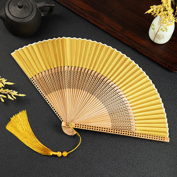 Ventilador plegable de bambú de mano con diseño de Buddha Stones, grullas y nubes auspiciosas, color sólido degradado. - Hueco amarillo de 21 cm - image 27