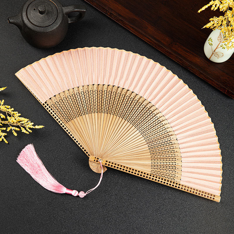 Ventilador plegable de bambú de mano con diseño de Buddha Stones, grullas y nubes auspiciosas, color sólido degradado. - Hueco rosa de 21 cm - image 28