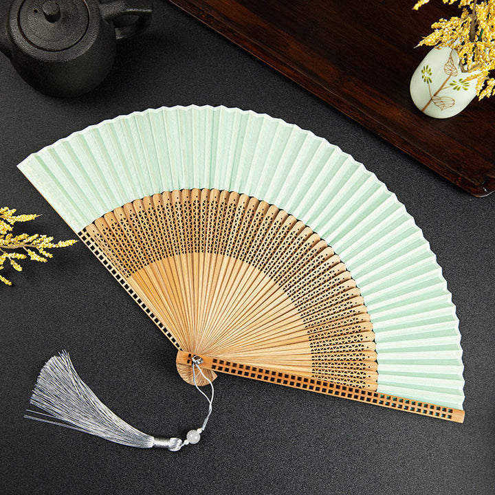 Ventilador plegable de bambú de mano con diseño de Buddha Stones, grullas y nubes auspiciosas, color sólido degradado. - Hueco verde claro de 21 cm - image 29