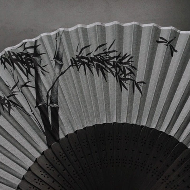 Buddha Stones Abanico plegable de bambú de mano de poliéster y tinta de bambú - image 13