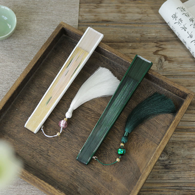 Abanico plegable de bambú de mano con flores de peonía y piedras de Buddha Stones