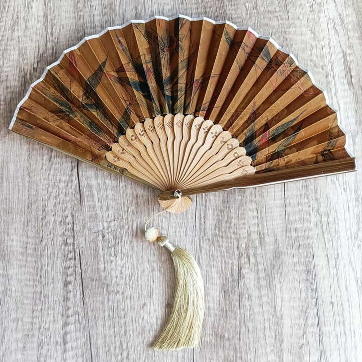 Abanico plegable de bambú de mano de seda Xiangyunsha con hojas de bambú y flores de caqui y piedras de Buddha Stones - Hoja de bambú de 21 cm - image 12