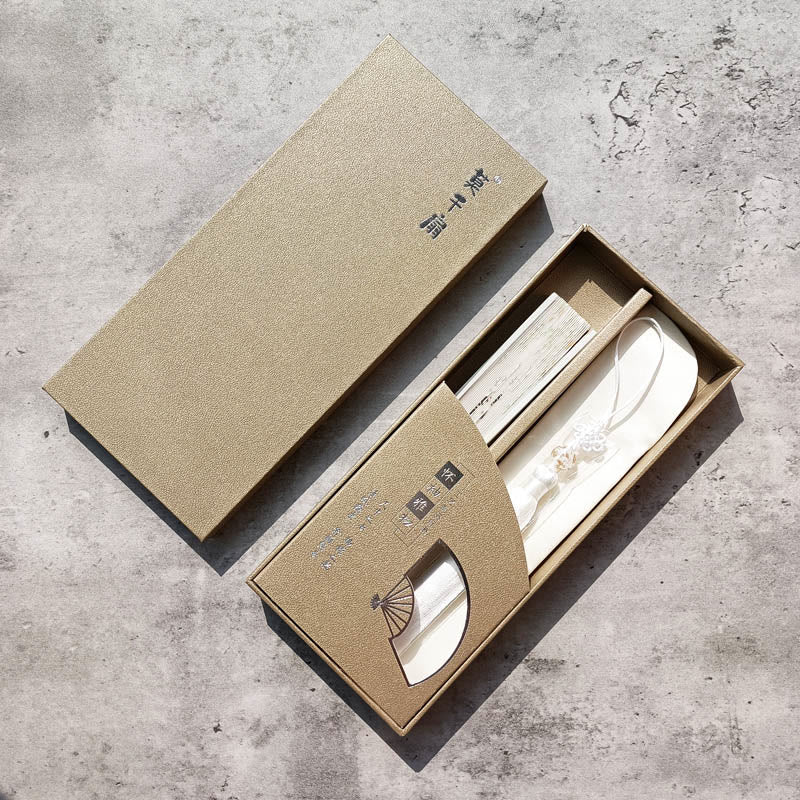 Abanico plegable de bambú y seda con diseño de grulla y ciruelo en flor y Buddha Stones