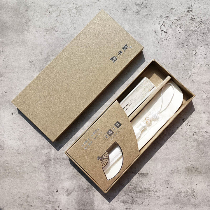 Abanico plegable de bambú y seda con diseño de grulla y ciruelo en flor y Buddha Stones