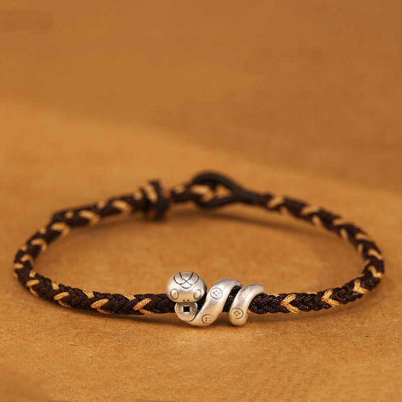 Pulsera trenzada de protección con monedas de cobre del año de la serpiente en plata de ley 999 con Buddha Stones - Café - 18-22 cm - image 10