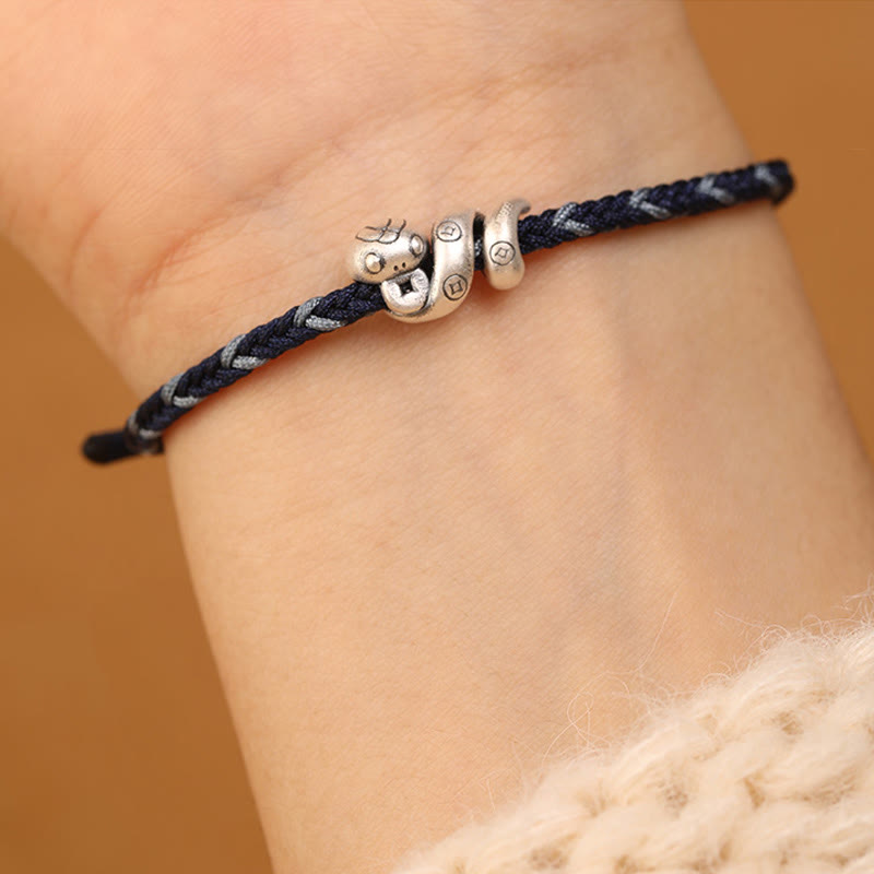 Pulsera trenzada de protección con monedas de cobre del año de la serpiente en plata de ley 999 con Buddha Stones