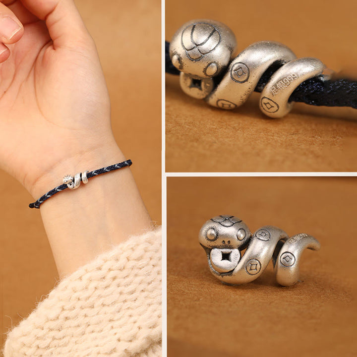 Pulsera trenzada de protección con monedas de cobre del año de la serpiente en plata de ley 999 con Buddha Stones