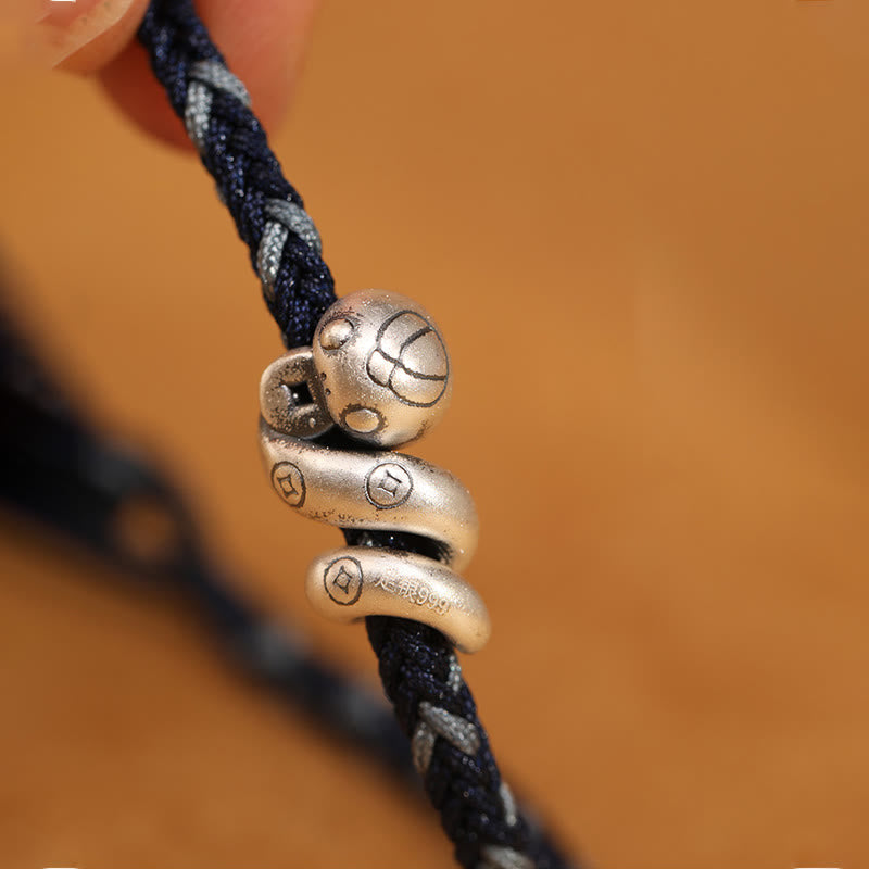 Pulsera trenzada de protección con monedas de cobre del año de la serpiente en plata de ley 999 con Buddha Stones