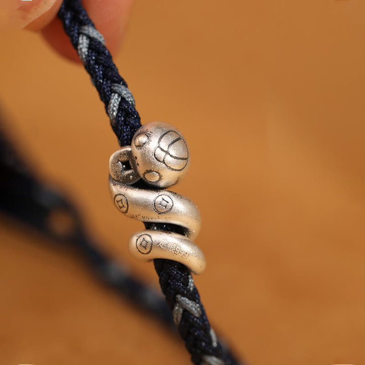 Pulsera trenzada de protección con monedas de cobre del año de la serpiente en plata de ley 999 con Buddha Stones