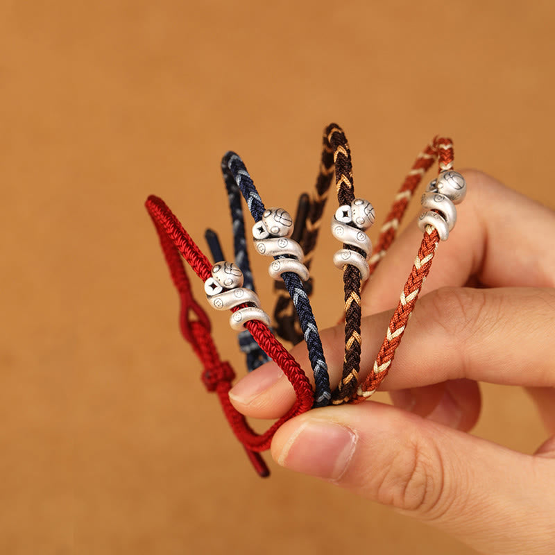 Pulsera trenzada de protección con monedas de cobre del año de la serpiente en plata de ley 999 con Buddha Stones