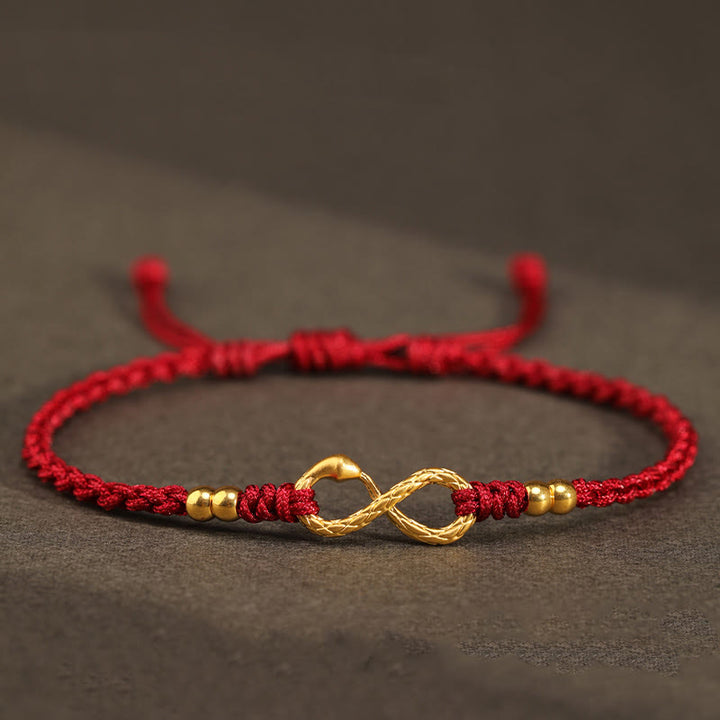 Pulsera de la suerte hecha a mano con nudo infinito eterno del año de la serpiente en oro 999 con Buddha Stones - Mini serpiente de cuatro cuentas de oro 999 - Rojo oscuro (circunferencia de la muñeca 14-18 cm) - image 9