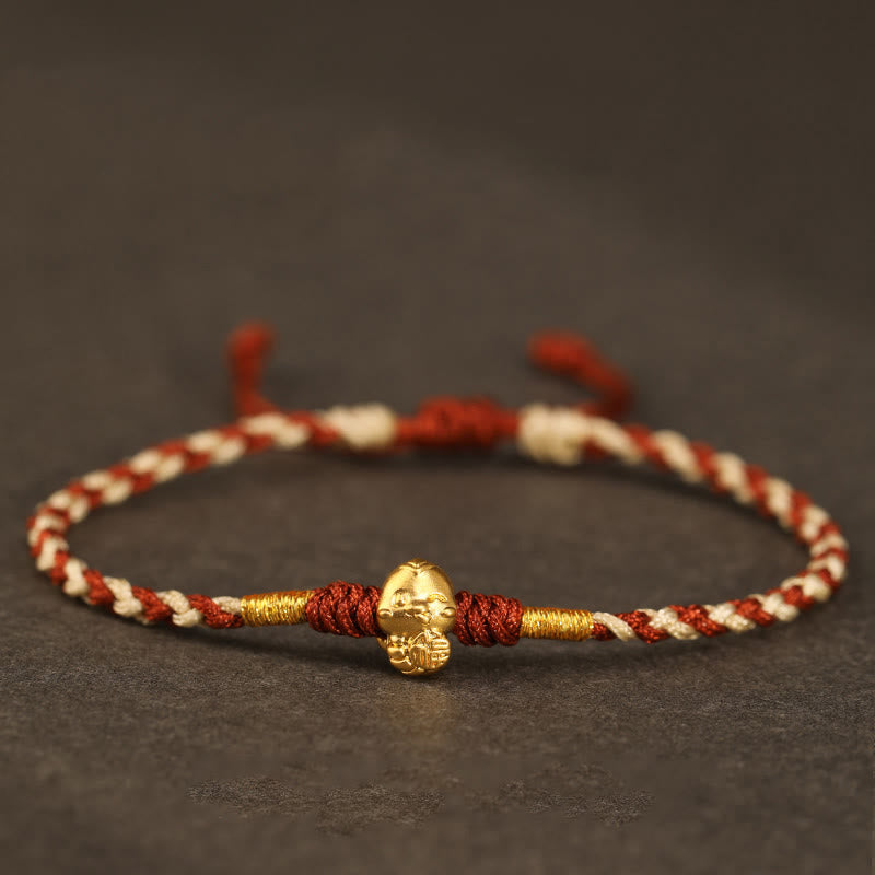 Pulsera de la suerte hecha a mano con monedas de cobre y el símbolo Fu del año de la serpiente en oro 999 con Buddha Stones