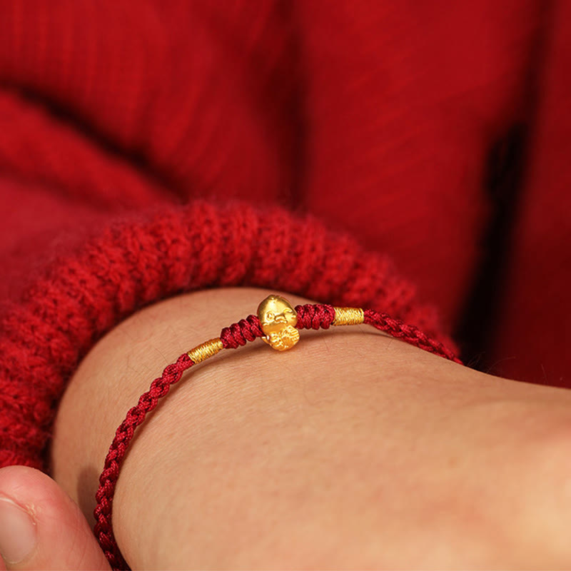 Pulsera de la suerte hecha a mano con monedas de cobre y el símbolo Fu del año de la serpiente en oro 999 con Buddha Stones