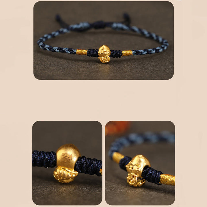 Pulsera de la suerte hecha a mano con monedas de cobre y el símbolo Fu del año de la serpiente en oro 999 con Buddha Stones