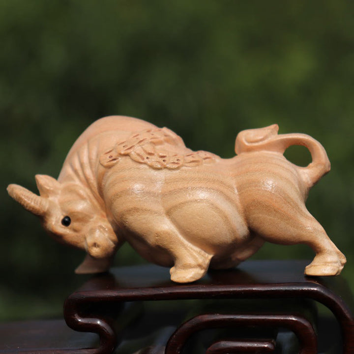 Estatua de madera de durazno con el símbolo Fu del zodiaco chino del año de la serpiente y Buddha Stones para decoración del hogar - Buey - Altura 11,5cm - image 11