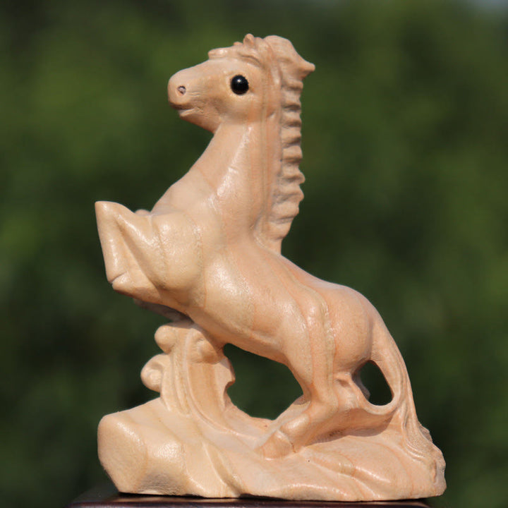 Estatua de madera de durazno con el símbolo Fu del zodiaco chino del año de la serpiente y Buddha Stones para decoración del hogar - Caballo - Altura 11,5cm - image 22