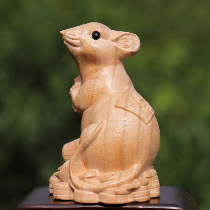 Estatua de madera de durazno con el símbolo Fu del zodiaco chino del año de la serpiente y Buddha Stones para decoración del hogar - Rata para la riqueza - Altura 11,5 cm - image 3