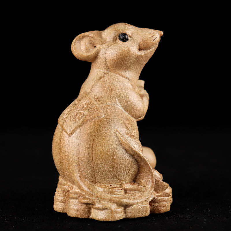 Estatua de madera de durazno con el símbolo Fu del zodiaco chino del año de la serpiente y Buddha Stones para decoración del hogar - Rata de personaje Fu - Altura 11,5cm - image 6