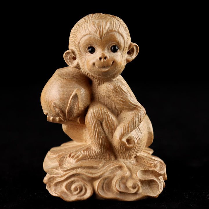 Estatua de madera de durazno con el símbolo Fu del zodiaco chino del año de la serpiente y Buddha Stones para decoración del hogar - Melocotón Mono (orientación aleatoria izquierda/derecha) - Altura 11,5 cm - image 24