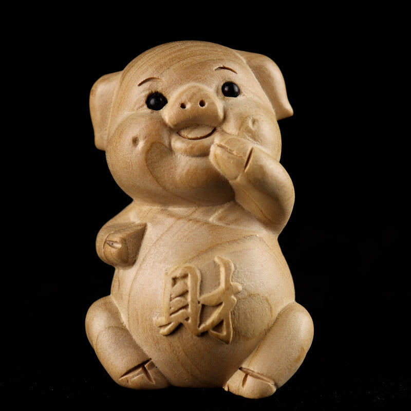 Estatua de madera de durazno con el símbolo Fu del zodiaco chino del año de la serpiente y Buddha Stones para decoración del hogar - Cerdo para la riqueza - Altura 11,5cm - image 31