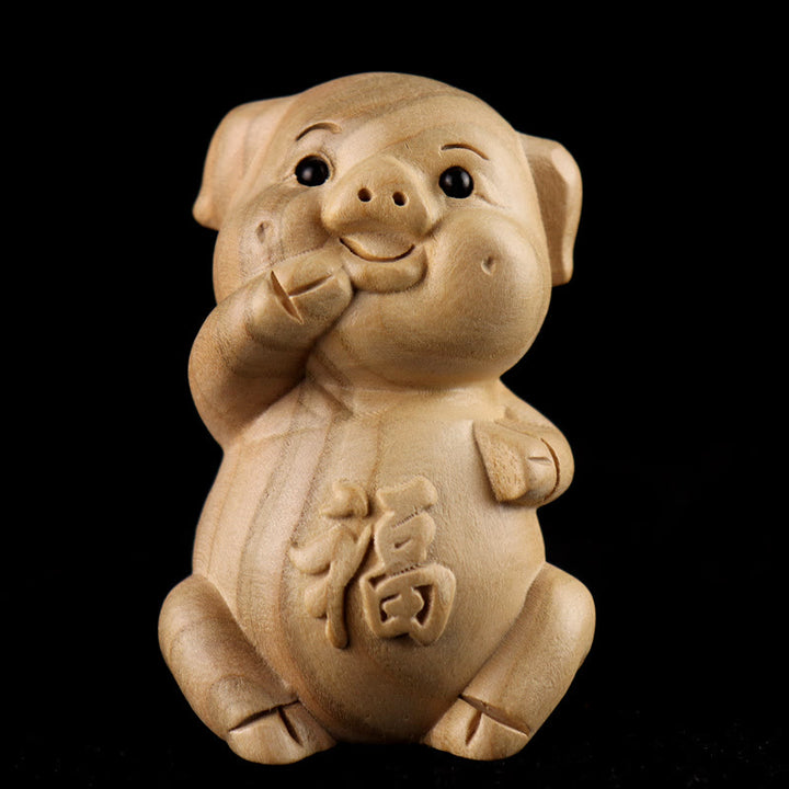 Estatua de madera de durazno con el símbolo Fu del zodiaco chino del año de la serpiente y Buddha Stones para decoración del hogar - Cerdo del personaje Fu - Altura 11,5cm - image 32