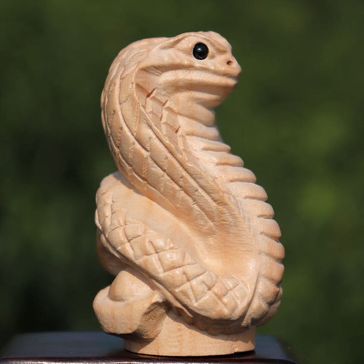 Estatua de madera de durazno con el símbolo Fu del zodiaco chino del año de la serpiente y Buddha Stones para decoración del hogar - Serpiente Cobra - Altura 11,5 cm - image 2