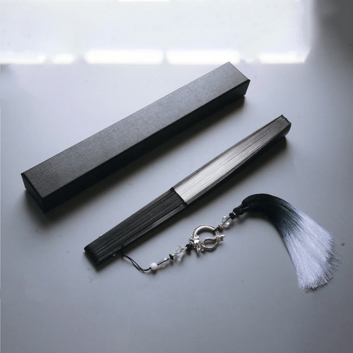 Buddha Stones Abanico plegable de bambú de mano con papel de arroz degradado en tinta blanca y negra - Tinta blanca y negra degradada de 33 cm - Con borla y caja de brocado (Preventa) - image 5