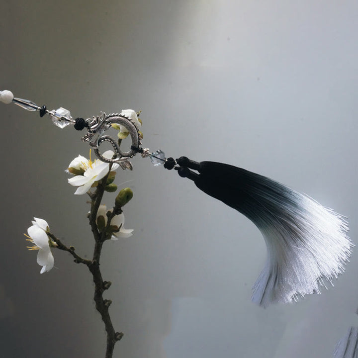 Buddha Stones Abanico plegable de bambú de mano con papel de arroz degradado en tinta blanca y negra - image 11