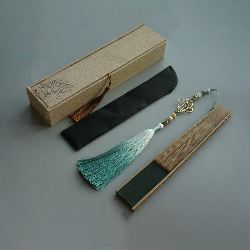 Buddha Stones Abanico plegable de bambú de mano con borlas y canalé hueco de seda verde oscuro - Caja verde oscuro de 22 cm con borlas y brocado y funda de abanico (Preventa) - image 7