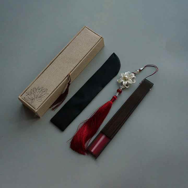 Buddha Stones Abanico plegable de bambú de mano con borlas y ribete hueco de seda de lirio rojo - Caja roja de 22 cm con borlas y brocado y funda de abanico (Preventa) - image 6