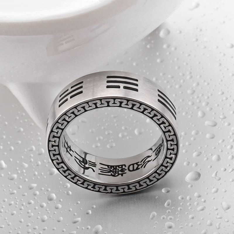 Anillo de armonía de acero y titanio con mantra taoísta de nueve caracteres y Buddha Stones Bagua Yin Yang