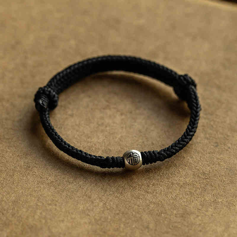 Pulsera de la suerte trenzada con cuentas Fu de plata de ley 925 y Buddha Stones hecha a mano - Cordón negro de plata de ley 925 (ajustable) - image 11